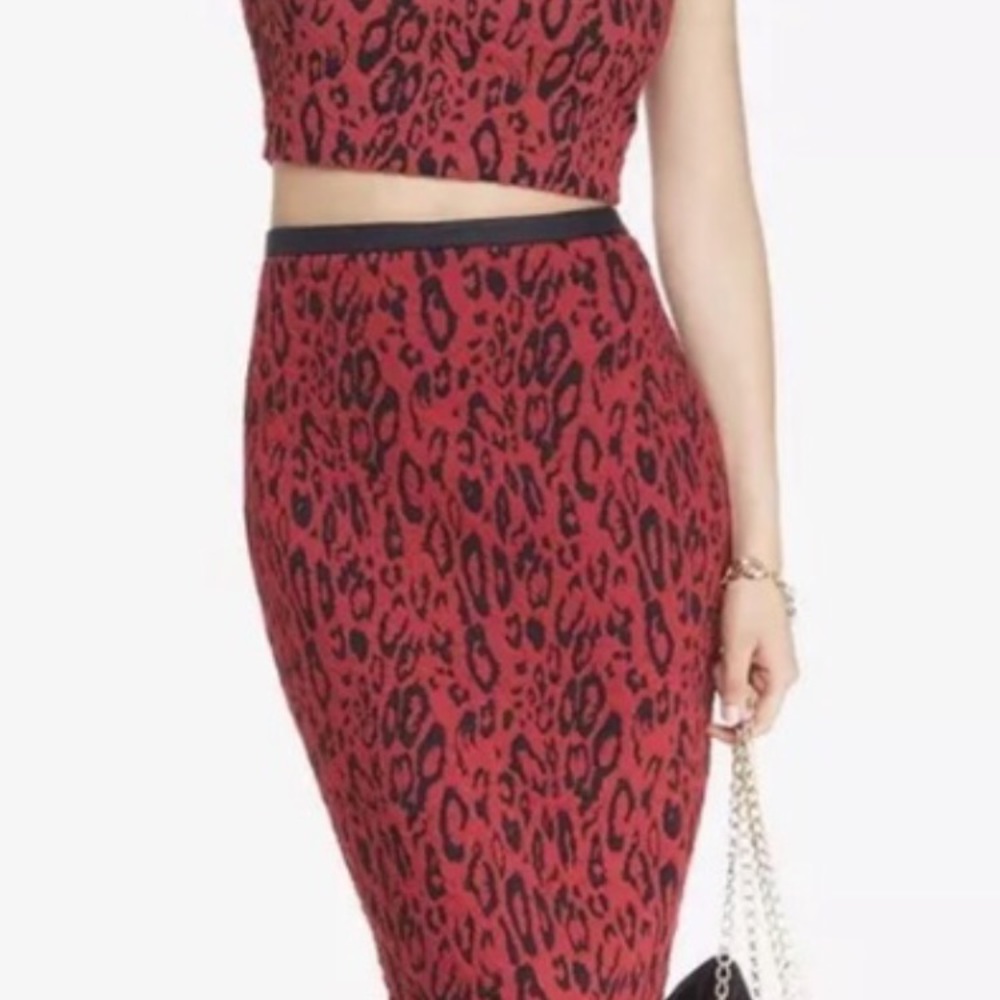 NWOT Express Red Leopard Midi Skirt